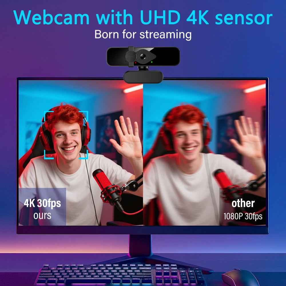 Webcam 4K Ultra HD con Micrófono y Cubierta de Privacidad — Plug & Play