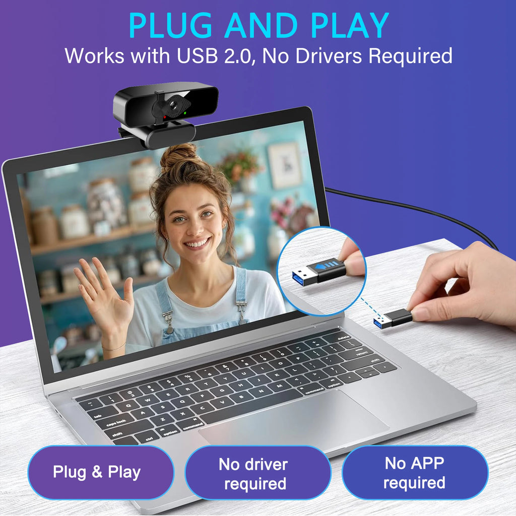 Webcam 4K Ultra HD con Micrófono y Cubierta de Privacidad — Plug & Play