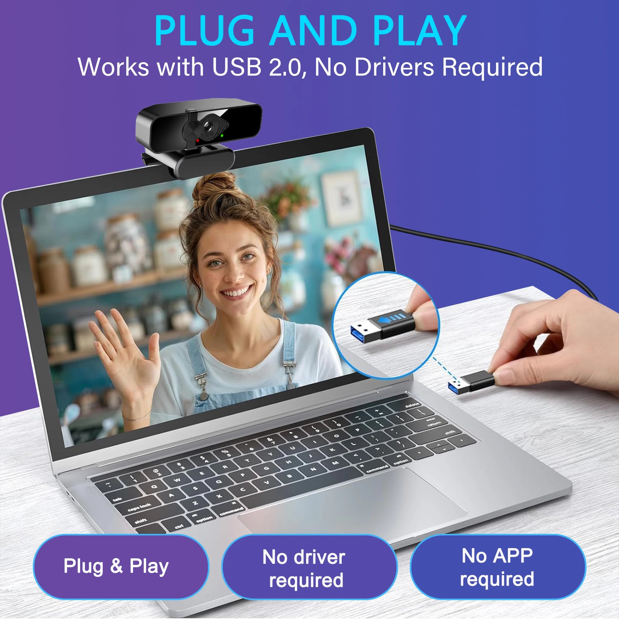 Webcam 4K Ultra HD con Micrófono y Cubierta de Privacidad — Plug & Play